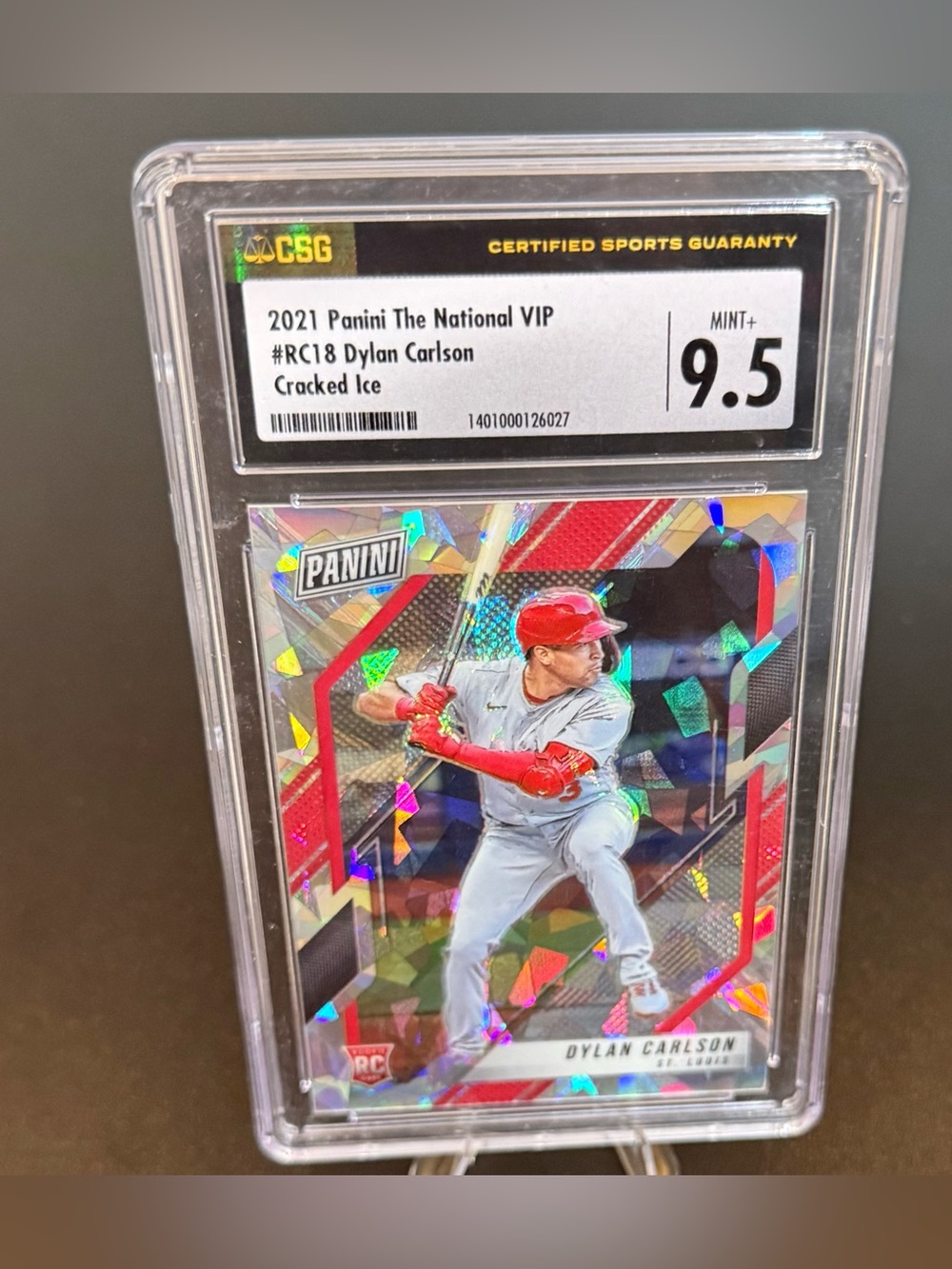 2021 Panini National VIP # RC18  Dylan Carlson Holographic CSG: 9.5 Cracked Ice